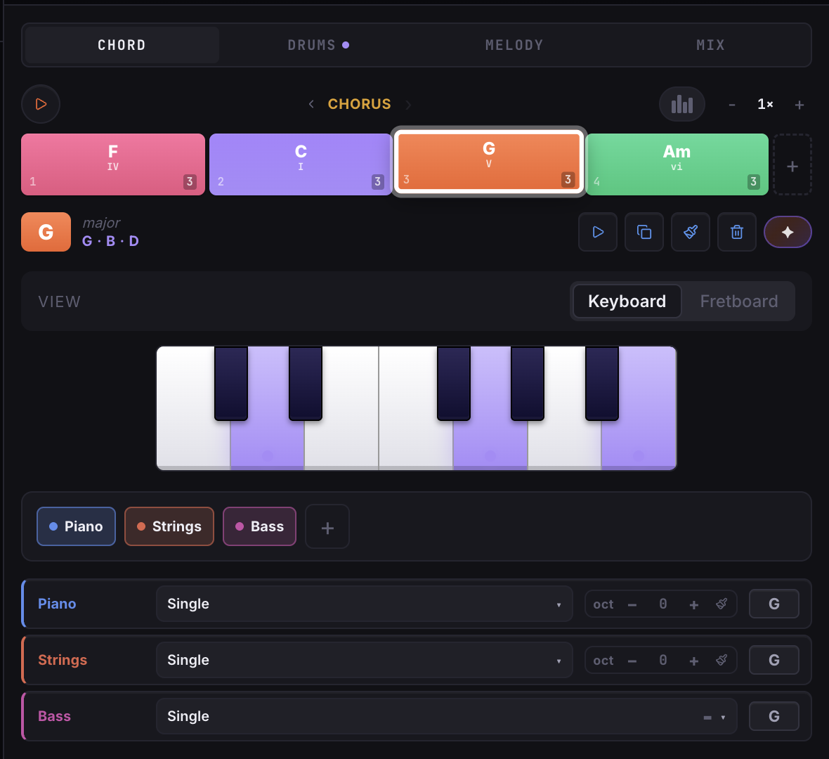 The Chord Maker: building a C-G-Am-F progression by Roman-numeral degree