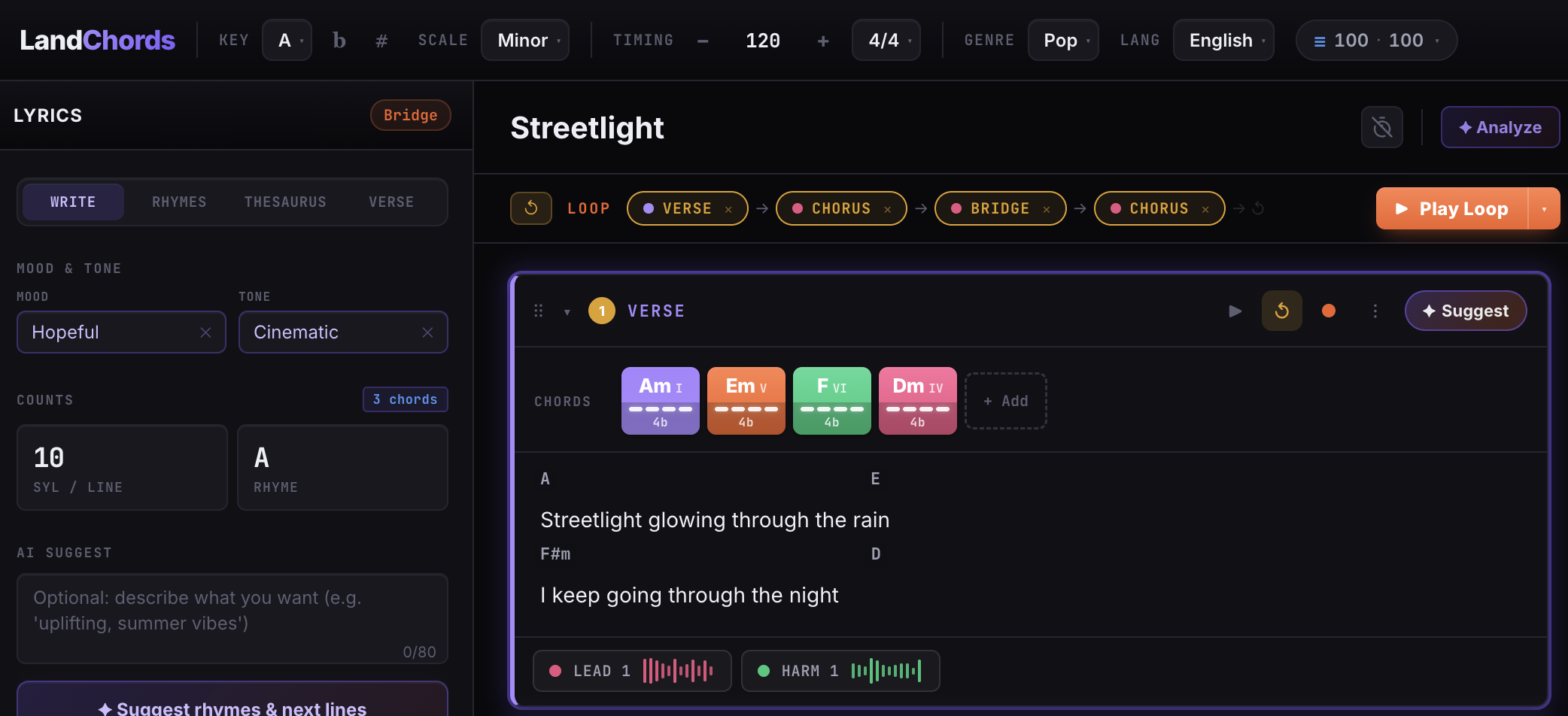 A minor-key chord progression in the LandChords Chord Maker