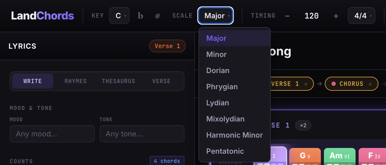 One-click key transpose in the LandChords Chord Maker