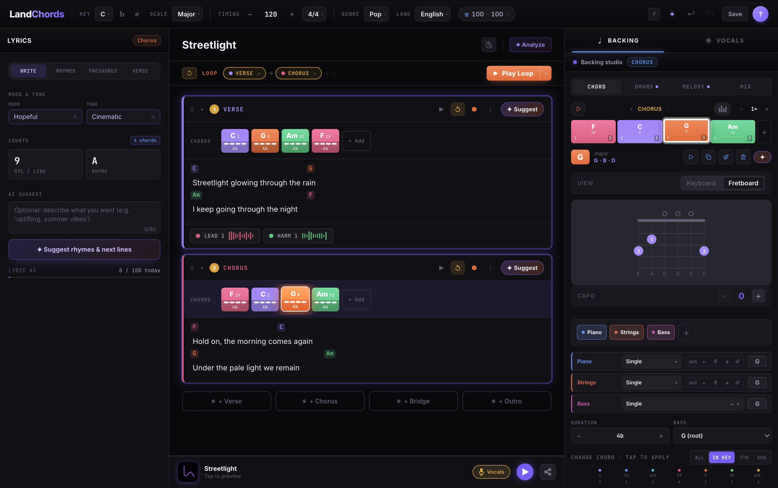 The LandChords editor: chords, lyrics, and a multi-track vocal studio in one browser tab