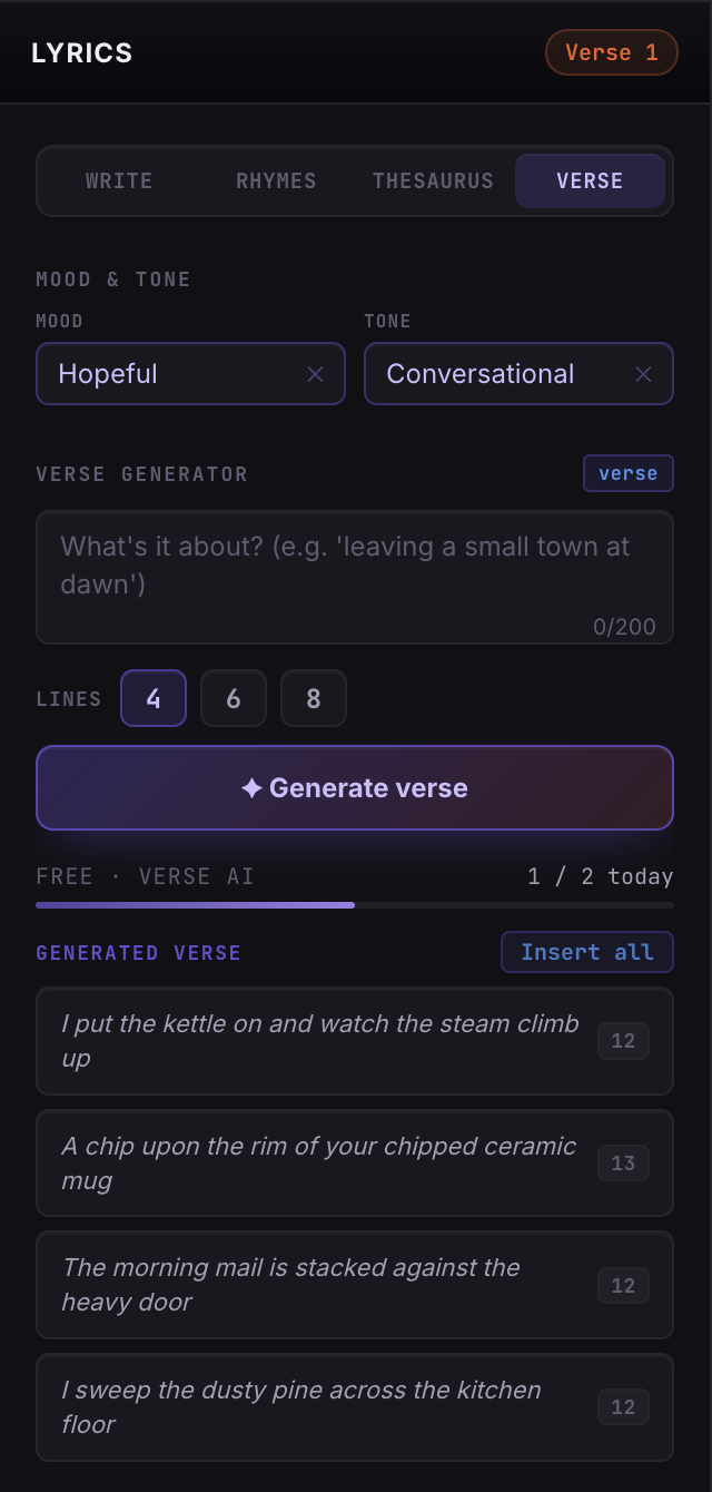 Writing lyrics with AI assistance in the LandChords Lyric Lab