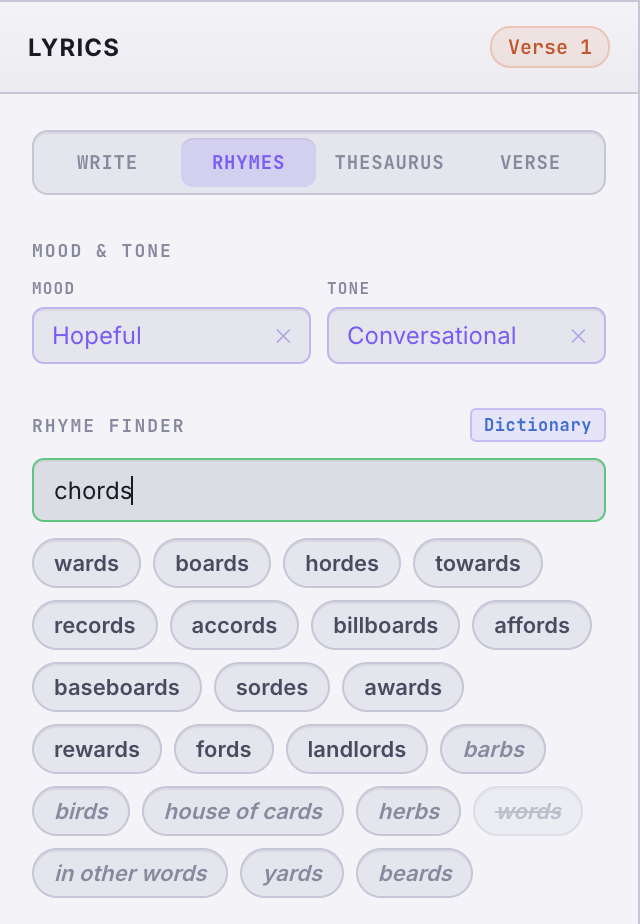 Crafting a hook with the rhyme finder in the LandChords Lyric Lab