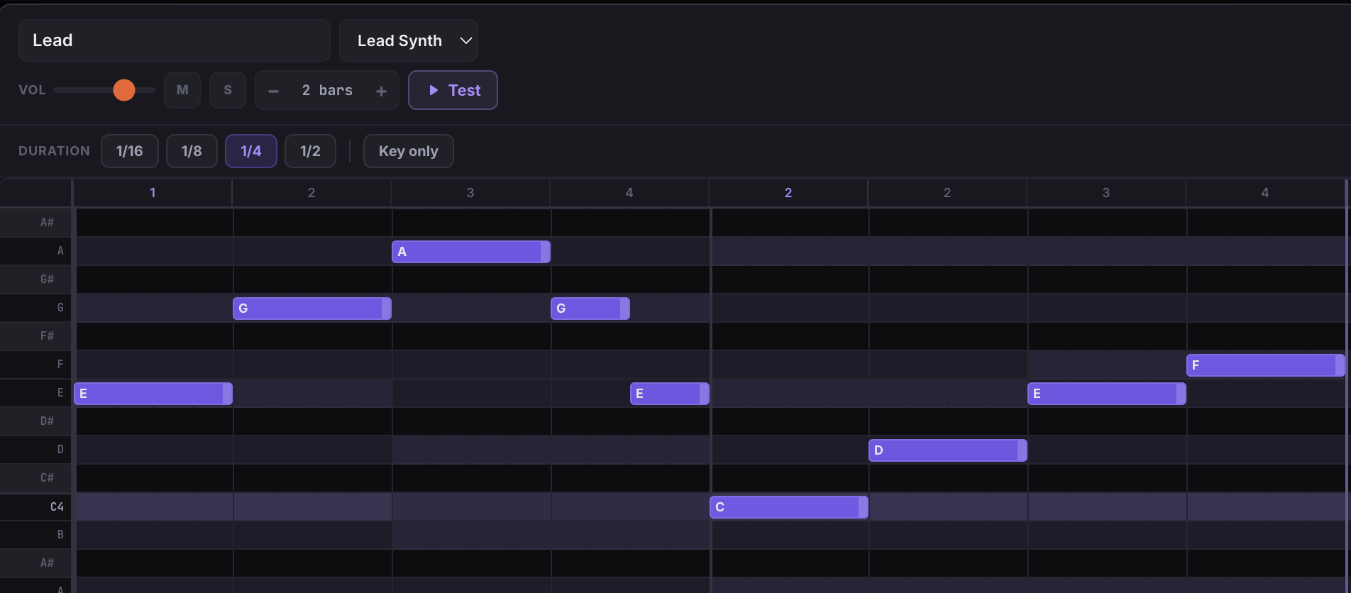 The Melody editor: a melodic line sketched note by note in sync with chords