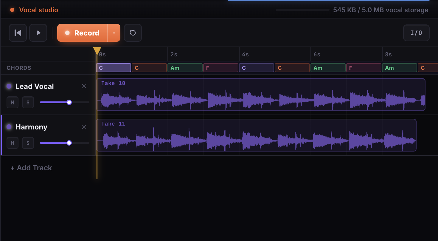 The Vocal Studio: lead, harmony, and backing layered on a multi-track timeline